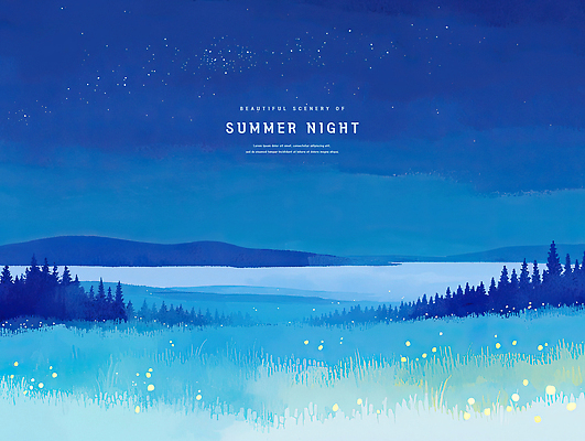 PSD 나무 일러스트 밤하늘 수채화 초원 사람없음 파란색 빛 여름풍경 낭만 반딧불이 여름밤 국내일러스트 식물 컬러 곤충 컨셉 하늘 풍경 여름 야간 파일형식 여름_계절