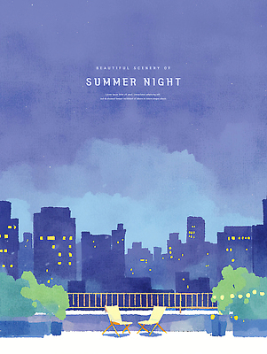 PSD 일러스트 난간 밤하늘 수채화 사람없음 빛 보라색 여름풍경 낭만 발코니 풀 빌딩숲 야외의자 여름밤 국내일러스트 식물 컬러 컨셉 의자 하늘 풍경 빌딩 여름 야간 파일형식 여름_계절
