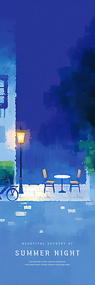 PSD 세로배너 가로등 일러스트 밤하늘 수채화 사람없음 건물 파란색 빛 자전거 여름풍경 낭만 풀 야외의자 야외테이블 여름밤 국내일러스트 식물 건축물 배너 공공시설 컬러 컨셉 의자 탁자 하늘 풍경 세로 여름 바이크 야간 파일형식 여름_계절