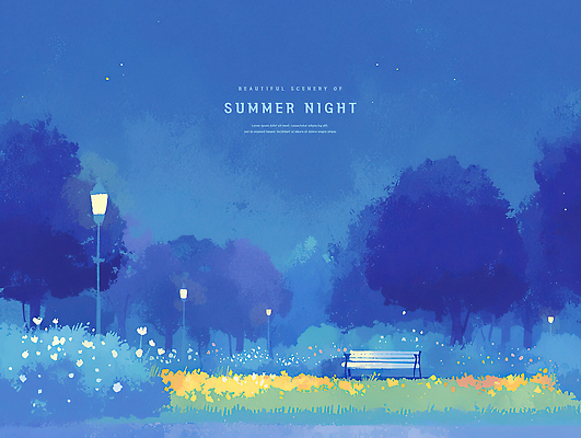 PSD 나무 꽃밭 가로등 벤치 일러스트 밤하늘 수채화 초원 사람없음 파란색 빛 여름풍경 낭만 풀 여름밤 국내일러스트 식물 공공시설 꽃 컬러 컨셉 의자 하늘 풍경 여름 야간 파일형식 여름_계절
