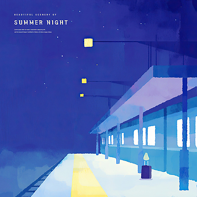 PSD 가로등 일러스트 밤하늘 수채화 사람없음 파란색 빛 여름풍경 기찻길 낭만 전철 전철역 여름밤 국내일러스트 공공시설 육상교통 컬러 컨셉 하늘 대중교통 풍경 여름 역 야간 파일형식 여름_계절