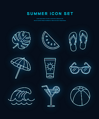 아이콘 파도 하늘색 사람없음 여름 바캉스 세트 선글라스 파라솔 칵테일 쪼리 비치볼 선크림 라인아트 몬스테라 수박조각 엘리먼트 네온아트 2D아이콘 IC큐레이션 AI파일 식물 계절 안경 선 바다 조각 공 휴가 수박 바캉스용품 주류 파란색 화장품 샌들 네온 파일형식 벡터