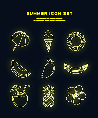 아이콘 해바라기 사람없음 여름 바캉스 세트 노란색 파라솔 라인아트 파인애플 플루메리아 망고 해먹 아이스크림콘 콘아이스크림 수박조각 엘리먼트 코코넛주스 네온아트 2D아이콘 IC큐레이션 AI파일 계절 꽃 선 컬러 조각 과일 휴가 아이스크림 수박 주스 침대 열대과일 콘 네온 코코넛 파일형식 벡터