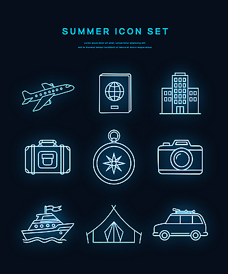 아이콘 하늘색 비행기 텐트 사람없음 여름 바캉스 세트 카메라 여행가방 깃발 공항 나침반 크루즈 라인아트 여권 캠핑카 엘리먼트 네온아트 2D아이콘 IC큐레이션 AI파일 계절 선 배_교통 가방 항공교통 교통시설 자동차 휴가 대중교통 캠핑도구 파란색 전자제품 네온 파일형식 벡터