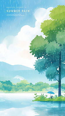PSD 구름 호수 물결 하늘색 일러스트 우산 하늘 수채화 산 한그루 한명 들기 사람 반사 여름풍경 풀 비 장마 국내일러스트 자연요소 나무 식물 1 모션 날씨 풍경 파란색 비_날씨 파일형식 여름_계절