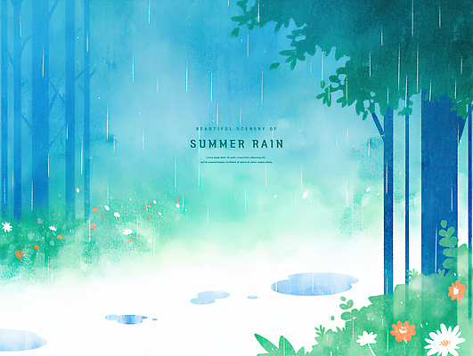 PSD 나무 꽃 하늘색 일러스트 수채화 사람없음 여름풍경 풀 비 숲속 웅덩이 장마 숲길 국내일러스트 자연요소 식물 길 날씨 풍경 파란색 비_날씨 숲 파일형식 여름_계절