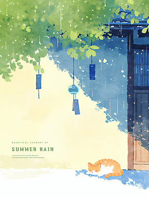 PSD 엎드리기 일러스트 수채화 그림자 사람없음 연두색 여름풍경 풀 비 전통문 장마 길고양이 풍경종 국내일러스트 자연요소 식물 모션 날씨 풍경 초록색 문 고양이 종 비_날씨 파일형식 여름_계절
