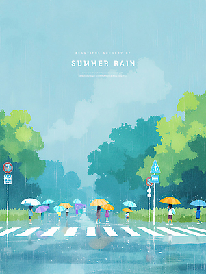 전신 PSD 나무 여자 남자 어린이 하늘색 일러스트 우산 하늘 수채화 책가방 들기 소녀 소년 여러명 걷기 여름풍경 표지판 풀 비 횡단보도 군중 장마 어린이만 국내일러스트 자연요소 식물 다수 가방 모션 날씨 알림판 사람 풍경 파란색 비_날씨 보행로 파일형식 여름_계절