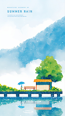 PSD 구름 하늘색 벤치 일러스트 우산 하늘 수채화 산 한그루 한명 들기 사람 반사 여름풍경 풀 비 장마 가교 국내일러스트 자연요소 나무 식물 1 건축물 의자 모션 날씨 풍경 파란색 비_날씨 파일형식 여름_계절