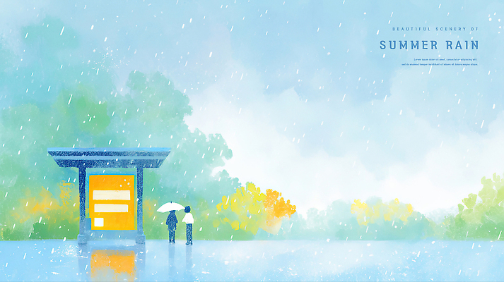 전신 PSD 하늘색 일러스트 우산 하늘 수채화 들기 사람 두명 여름풍경 풀 비 버스정류장 장마 국내일러스트 자연요소 식물 모션 날씨 풍경 파란색 비_날씨 역 파일형식 여름_계절