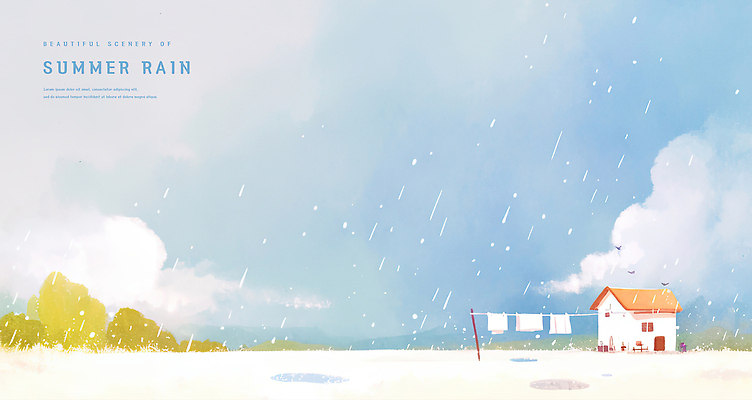 PSD 구름 일러스트 하늘 수채화 주택 사람없음 여름풍경 풀 비 장마 빨래널기 빨래대 국내일러스트 자연요소 식물 날씨 풍경 건물 비_날씨 빨래 파일형식 여름_계절