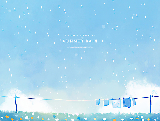 PSD 구름 하늘색 꽃밭 일러스트 하늘 수채화 사람없음 여름풍경 비 장마 빨래널기 빨래대 국내일러스트 자연요소 꽃 날씨 풍경 파란색 비_날씨 빨래 파일형식 여름_계절