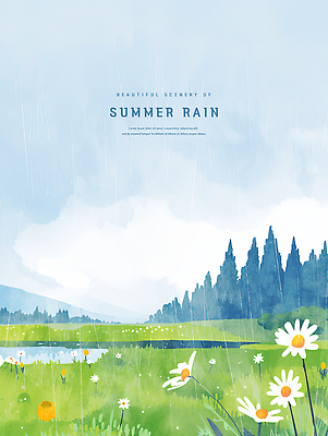 PSD 나무 호수 하늘색 꽃밭 일러스트 하늘 수채화 잔디 사람없음 여름풍경 비 장마 국내일러스트 자연요소 식물 꽃 날씨 풍경 파란색 비_날씨 파일형식 여름_계절