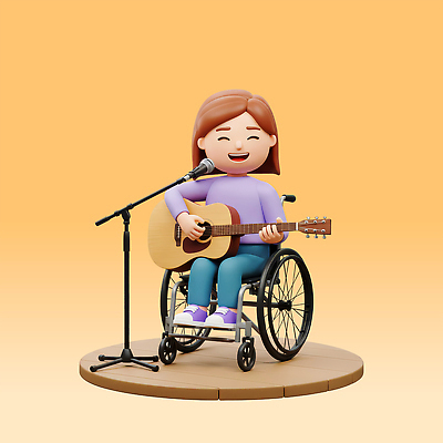전신 PSD 편집이미지 여자 연주 노래 함께함 3D캐릭터 직업캐릭터 한명 미소 들기 앉기 성인 3D 주황색 공연 음악가 기타 장애인 스탠드마이크 휠체어 성인여자한명만 장애인취업 장애인복지 편집3D 직업 캐릭터 1 음악 컬러 컨셉 비즈니스 모션 현악기 표정 사람 이벤트 복지 디지털합성 마이크 장애 여자한명만 성인여자만 파일형식