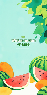 PSD 하늘색 잎 일러스트 수채화 프레임 사람없음 여름 망고 수박조각 카피스페이스 국내일러스트 식물 계절 조각 수박 파란색 공백 열대과일 파일형식