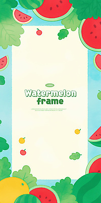 PSD 하늘색 잎 일러스트 수채화 프레임 사람없음 초록색 여름 배 사과 수박조각 카피스페이스 국내일러스트 식물 계절 컬러 조각 과일 수박 파란색 공백 파일형식
