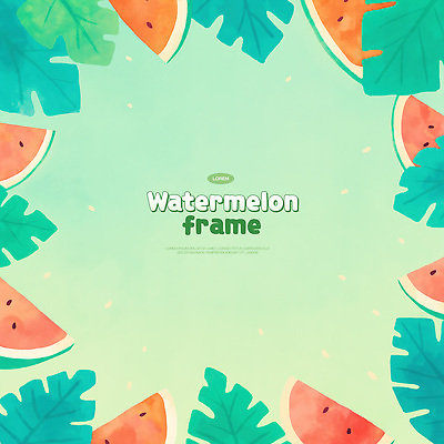PSD 잎 일러스트 수채화 프레임 사람없음 초록색 여름 수박조각 카피스페이스 국내일러스트 식물 계절 컬러 조각 수박 공백 파일형식