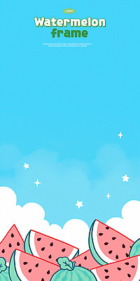PSD 구름 하늘색 잎 일러스트 하늘 수채화 프레임 사람없음 여름 반짝임 수박조각 카피스페이스 국내일러스트 자연요소 식물 계절 조각 모션 수박 파란색 공백 파일형식