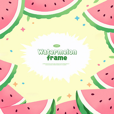 PSD 분홍색 잎 일러스트 수채화 프레임 사람없음 여름 반짝임 수박조각 카피스페이스 연노랑색 국내일러스트 식물 계절 컬러 조각 모션 수박 노란색 공백 파일형식