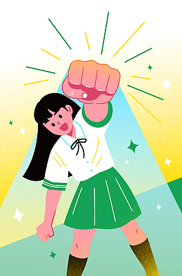 여학생 여자 교복 하늘색 일러스트 청소년 한명 미소 반짝임 노란색 주먹 손내밀기 영웅 내신등급 슈퍼히어로 정복 십대여자한명만 국내일러스트 AI파일 1 학생 옷 교육 컬러 모션 표정 사람 손짓 파란색 여자한명만 십대여자만 파일형식 벡터