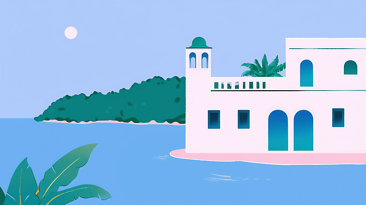 JPG 바다 분홍색 섬 잎 일러스트 하늘 사람없음 건물 파란색 여름휴가 태양 여름풍경 휴양지 감성 국내일러스트 AI일러스트 AI콘텐츠 자연요소 식물 건축물 컬러 컨셉 휴가 풍경 장소 파일형식 여름_계절