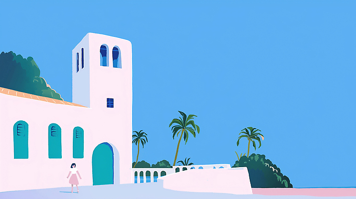 JPG 전신 여자 분홍색 일러스트 하늘 산 한명 성인 건물 파란색 여름휴가 야자수 여름풍경 풀 휴양지 감성 성인여자한명만 국내일러스트 AI일러스트 AI콘텐츠 나무 식물 1 건축물 컬러 컨셉 휴가 사람 풍경 장소 여자한명만 성인여자만 파일형식 여름_계절