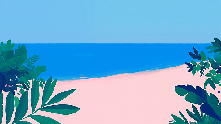 JPG 분홍색 잎 일러스트 하늘 해변 사람없음 파란색 여름휴가 모래사장 여름풍경 휴양지 감성 국내일러스트 AI일러스트 AI콘텐츠 식물 바다 컬러 컨셉 휴가 풍경 장소 파일형식 여름_계절