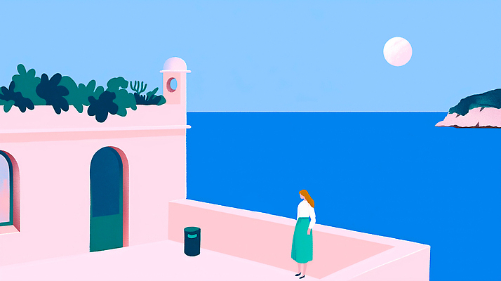 JPG 전신 여자 바다 분홍색 섬 잎 일러스트 난간 하늘 한명 성인 건물 파란색 여름휴가 태양 기댐 여름풍경 휴양지 감성 성인여자한명만 국내일러스트 AI일러스트 AI콘텐츠 자연요소 식물 1 건축물 컬러 컨셉 모션 휴가 사람 풍경 장소 여자한명만 성인여자만 파일형식 여름_계절