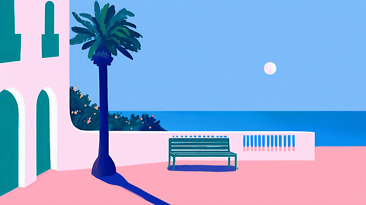 JPG 바다 분홍색 벤치 일러스트 하늘 그림자 사람없음 건물 파란색 여름휴가 야자수 태양 여름풍경 풀 휴양지 감성 국내일러스트 AI일러스트 AI콘텐츠 자연요소 나무 식물 건축물 컬러 컨셉 의자 휴가 풍경 장소 파일형식 여름_계절
