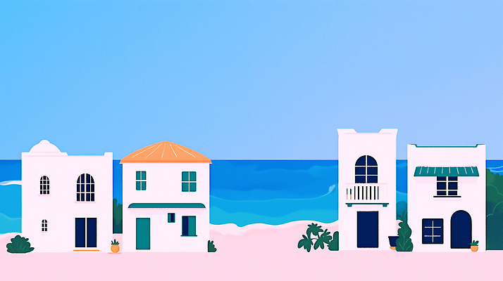 JPG 화분 분홍색 일러스트 하늘 해변 사람없음 건물 파란색 여름휴가 여름풍경 풀 휴양지 감성 국내일러스트 AI일러스트 AI콘텐츠 식물 건축물 바다 컬러 컨셉 휴가 풍경 장소 파일형식 여름_계절
