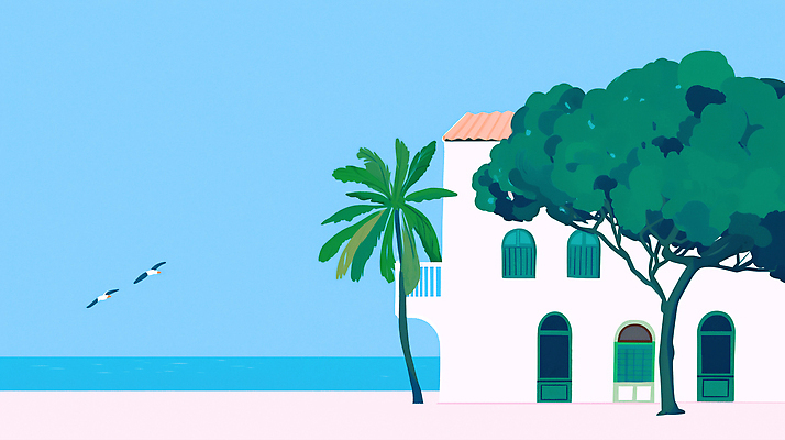 JPG 나무 분홍색 일러스트 갈매기 하늘 해변 사람없음 건물 파란색 여름휴가 여름풍경 휴양지 감성 국내일러스트 AI일러스트 AI콘텐츠 식물 건축물 바다 컬러 컨셉 조류 휴가 풍경 장소 파일형식 여름_계절