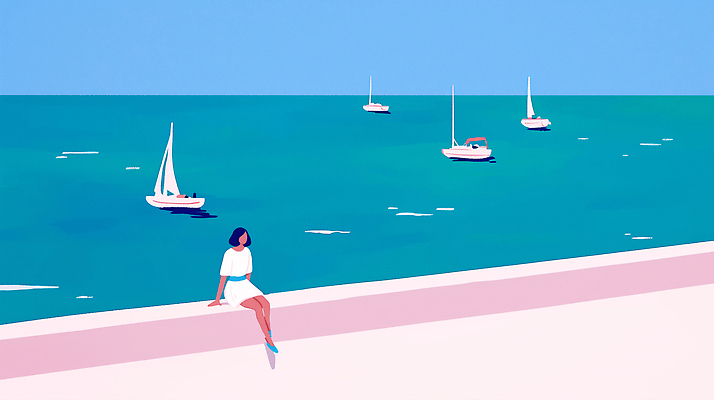 JPG 전신 여자 분홍색 일러스트 한명 앉기 성인 해변 파란색 여름휴가 여름풍경 휴양지 감성 선박 성인여자한명만 국내일러스트 AI일러스트 AI콘텐츠 1 바다 컬러 컨셉 수상교통 모션 휴가 사람 풍경 장소 여자한명만 성인여자만 파일형식 여름_계절