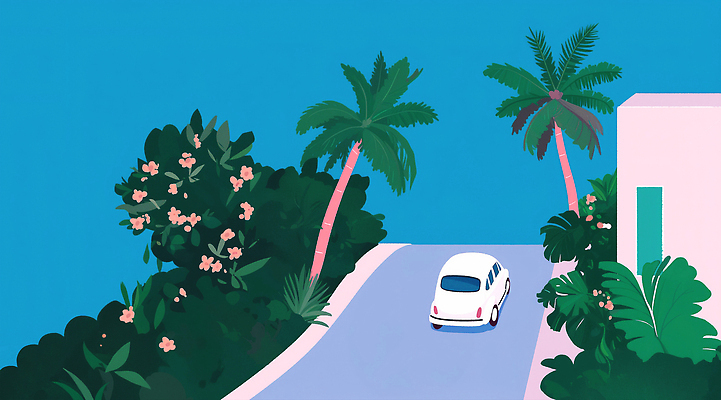 JPG 꽃 도로 분홍색 일러스트 자동차 하늘 사람없음 건물 파란색 여름휴가 야자수 여름풍경 풀잎 휴양지 감성 국내일러스트 AI일러스트 AI콘텐츠 나무 식물 건축물 길 육상교통 컬러 컨셉 잎 교통시설 휴가 풍경 장소 풀_식물 파일형식 여름_계절