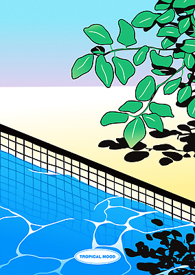 물결 잎 일러스트 하늘 수영장 그림자 사람없음 파란색 여름휴가 복고 트로피컬아트 뉴트로 국내일러스트 AI파일 식물 컬러 휴가 그림 파일형식 벡터 여름_계절