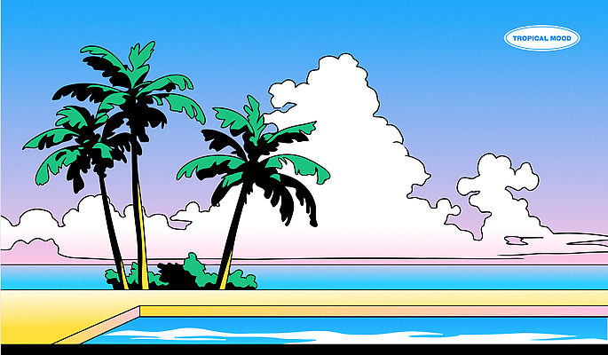 구름 일러스트 하늘 수영장 사람없음 파란색 여름휴가 야자수 복고 그라데이션 트로피컬아트 뉴트로 국내일러스트 AI파일 자연요소 나무 컬러 휴가 그림 파일형식 벡터 여름_계절