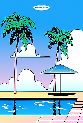 구름 일러스트 하늘 수영장 사람없음 파란색 여름휴가 야자수 파라솔 복고 그라데이션 트로피컬아트 뉴트로 국내일러스트 AI파일 자연요소 나무 컬러 휴가 그림 파일형식 벡터 여름_계절