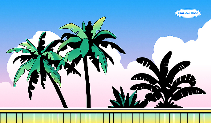 구름 분홍색 일러스트 하늘 사람없음 파란색 여름휴가 야자수 복고 그라데이션 트로피컬아트 뉴트로 국내일러스트 AI파일 자연요소 나무 컬러 휴가 그림 파일형식 벡터 여름_계절