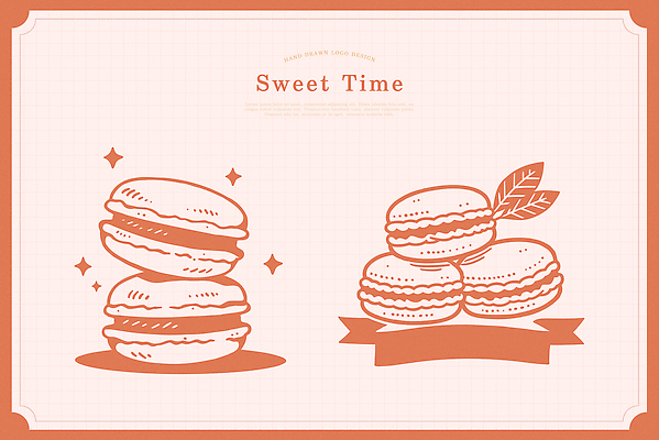 분홍색 잎 라인일러스트 일러스트 사람없음 반짝임 라벨 쌓기 달콤 심볼 라인아트 마카롱 국내일러스트 AI파일 식물 선 컬러 모션 디저트 프레임 맛 파일형식 벡터