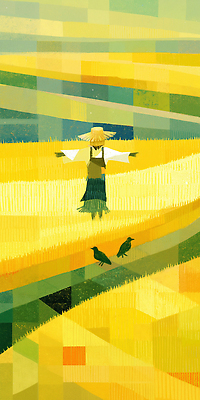 JPG 밭 일러스트 사람없음 농작물 노란색 벼 밀짚모자 허수아비 까마귀 수확철 국내일러스트 AI일러스트 모자_잡화 컬러 농업 조류 곡류 수확 파일형식 AI콘텐츠