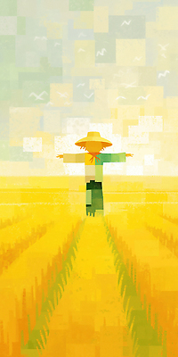 JPG 밭 일러스트 하늘 사람없음 농작물 노란색 벼 밀짚모자 허수아비 새떼 수확철 국내일러스트 AI일러스트 모자_잡화 컬러 농업 조류 곡류 수확 파일형식 AI콘텐츠