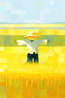 JPG 밭 일러스트 하늘 사람없음 농작물 노란색 벼 밀짚모자 허수아비 수확철 국내일러스트 AI일러스트 모자_잡화 컬러 농업 곡류 수확 파일형식 AI콘텐츠