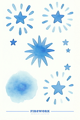 PSD 별 일러스트 수채화 폭죽 불꽃놀이 사람없음 파란색 번짐 국내일러스트 자연요소 컬러 놀이 파일형식 효과