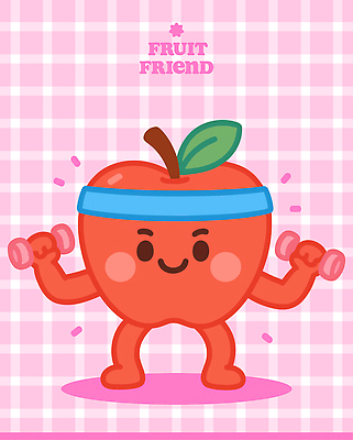 분홍색 잎 일러스트 들기 사람없음 운동 귀여움 힘 아령 머리띠 사과 격자 사과캐릭터 키치 일러캐릭터 AI파일 식물 캐릭터 컬러 컨셉 무늬 과일 장신구 모션 건강 파일형식 벡터