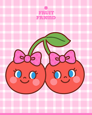 리본 분홍색 일러스트 사람없음 귀여움 쌍 체리 쌍둥이 격자 체리캐릭터 키치 일러캐릭터 AI파일 캐릭터 컬러 컨셉 무늬 과일 가족 파일형식 벡터