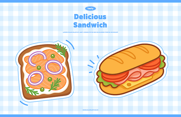 하늘색 잎 토마토 일러스트 양파 치즈 사람없음 소스 상추 체크무늬 햄 연어 오픈샌드위치 바게트샌드위치 국내일러스트 AI파일 식물 무늬 채소 유제품 샌드위치 육류 어류 파란색 양념 파일형식 벡터