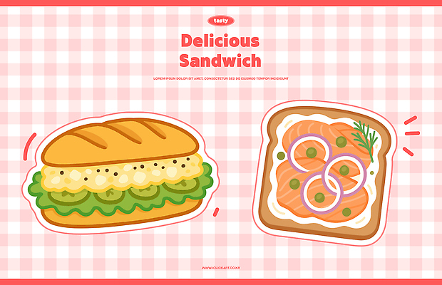 분홍색 잎 일러스트 양파 오이 사람없음 소스 체크무늬 연어 오픈샌드위치 바게트샌드위치 감자에그샐러드 국내일러스트 AI파일 식물 컬러 무늬 채소 샌드위치 어류 샐러드 양념 파일형식 벡터