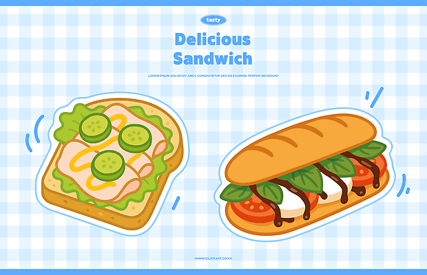 하늘색 일러스트 오이 사람없음 소스 상추 체크무늬 햄 바질 카프레제 오픈샌드위치 바게트샌드위치 국내일러스트 AI파일 무늬 채소 샌드위치 육류 파란색 샐러드 양념 파일형식 벡터