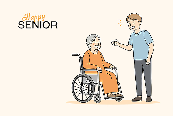 전신 여자 노년 남자 행복 일러스트 대화 미소 앉기 성인 두명 실버라이프 손들기 봉사 자원봉사자 휠체어 연분홍색 국내일러스트 AI파일 라이프스타일 감정 분홍색 모션 표정 말하기 사람 도움 파일형식 벡터