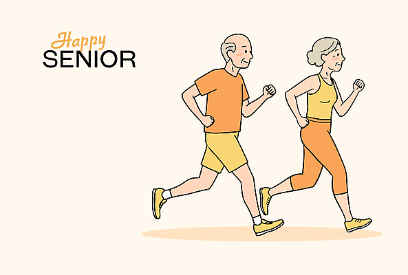전신 여자 노년 남자 행복 일러스트 미소 두명 실버라이프 운동복 달리기 조깅 연분홍색 노인만 국내일러스트 AI파일 라이프스타일 옷 감정 분홍색 모션 표정 사람 성인 운동 성인만 파일형식 벡터