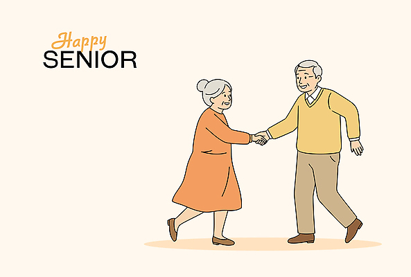 전신 여자 노년 남자 행복 일러스트 미소 두명 실버라이프 손잡기 춤 다리들기 연분홍색 노인만 국내일러스트 AI파일 라이프스타일 감정 분홍색 모션 문화예술 표정 사람 성인 성인만 파일형식 벡터